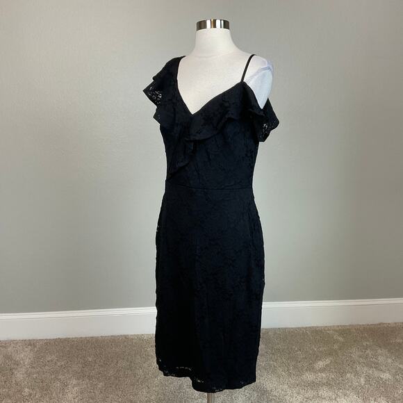 Ralph Lauren Lace Sleeveless Ruffled Sheath Cocktail Dress Black Size 16 V-Neck - Picture 4 of 13